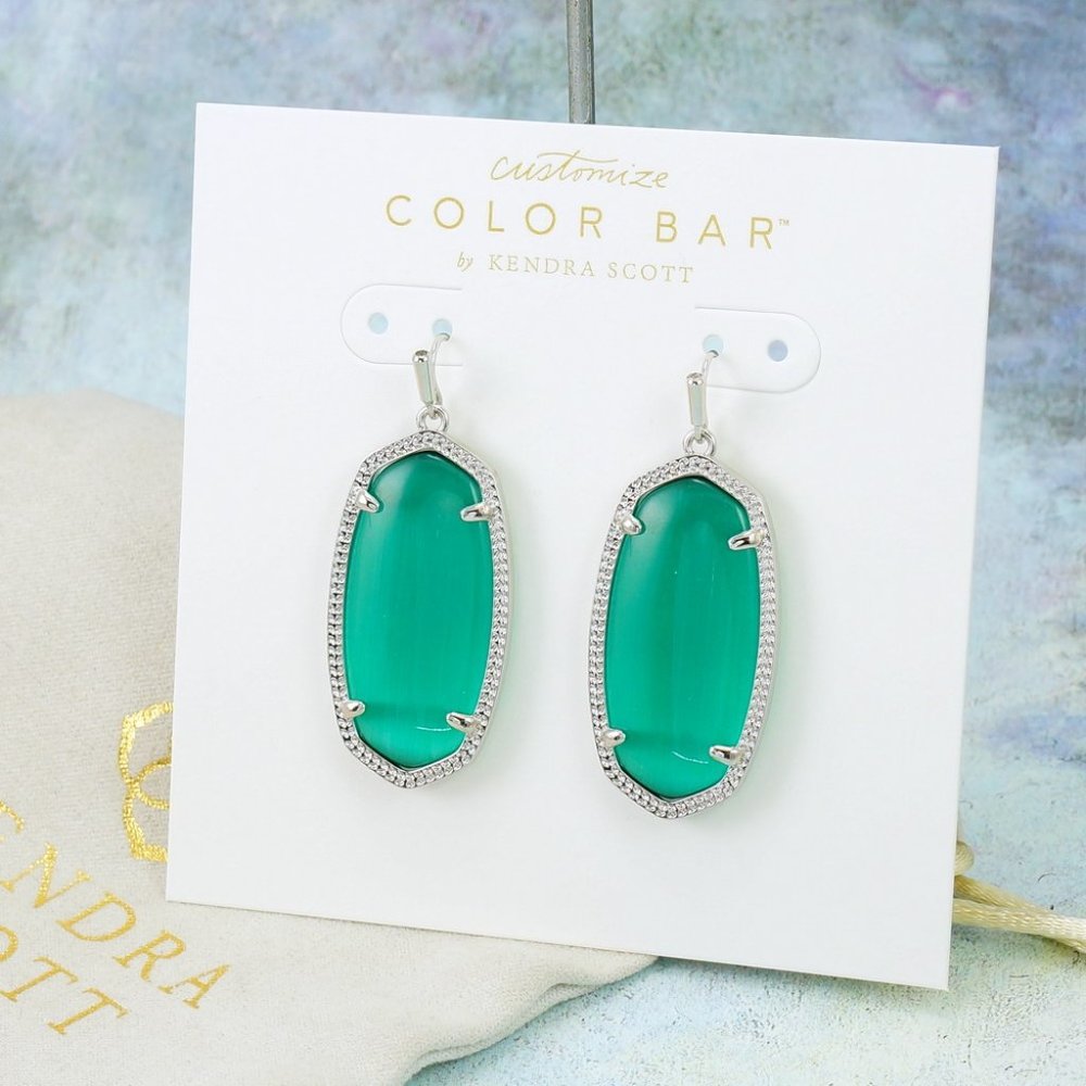 Kendra Scott Elle Cat's Eye Emerald Green Earrings Silver Tone
